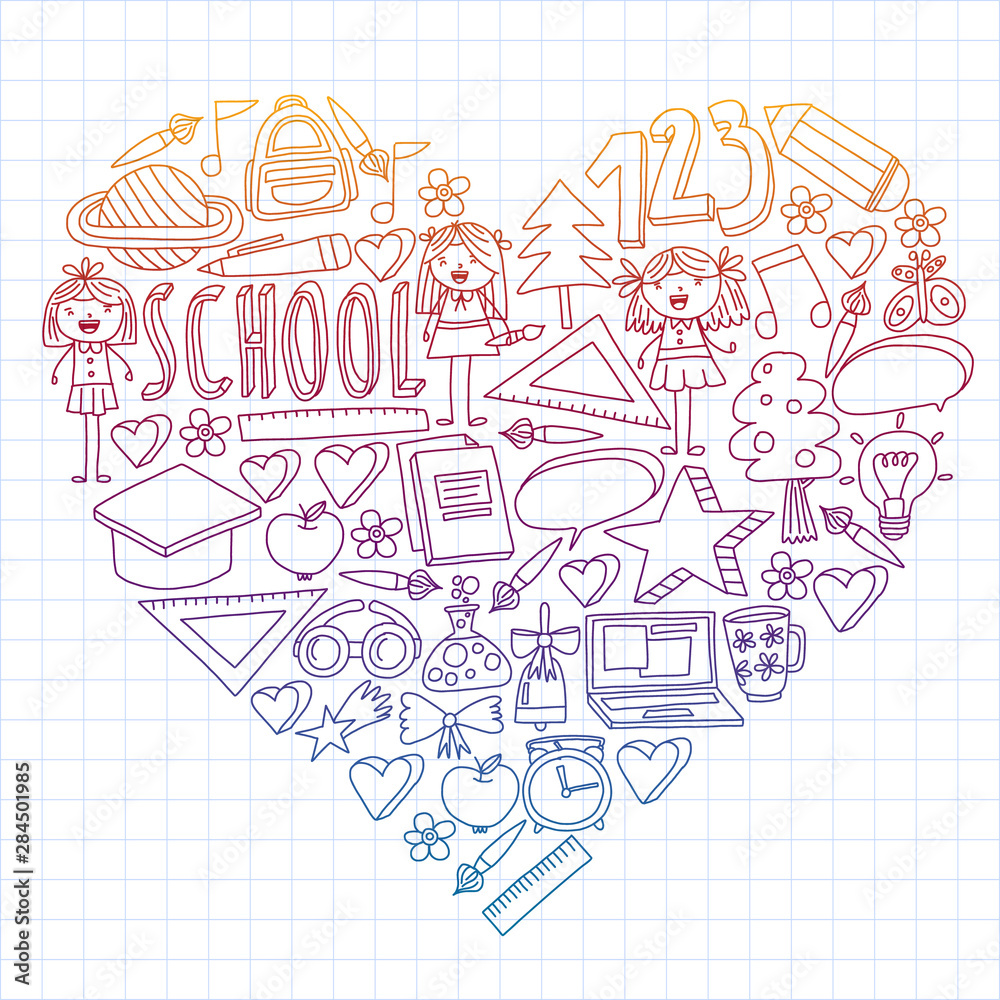 Vector set of Back to School icons in doodle style. Painted, colorful, pictures on a piece of paper on white background. Drawing by pen on squared notebook