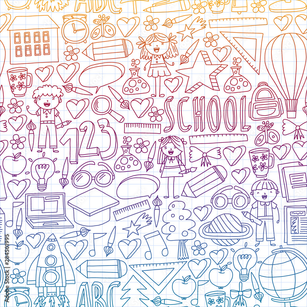 Seamless vector set of Back to School icons in doodle style. Painted, colorful, pictures on a piece of paper on white background. Drawing by pen on squared notebook Seamless vector set of Back to School icons in doodle style. Painted, colorful, pictures on a piece of paper on white background. Drawing by pen on squared notebook