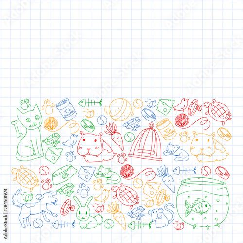 Pet shop. Vector illustration with animals, dog, cat, fish, Colorful background with kitten, bird, puppy. Veterinarian clinic.