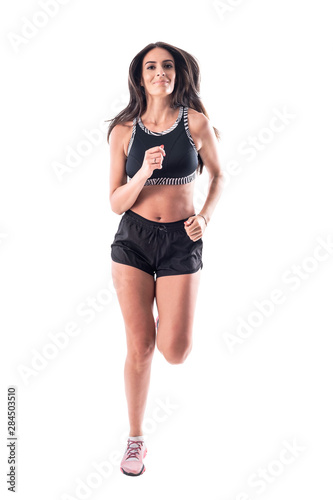Happy smiling jogging fit woman recreating living healthy lifestyle. Full body isolated on white background. 