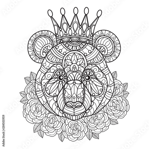 Hand drawn sketch illustration of panda king for adult coloring book.