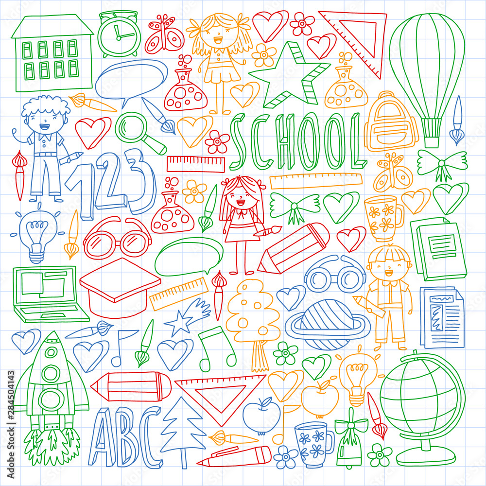 Vector set of Back to School icons in doodle style. Painted, colorful, pictures on a piece of paper on white background. Drawing by colorful pen on squared notebook. Vector set of Back to School icons in doodle style. Painted, colorful, pictures on a piece of paper on white background. Drawing by colorful pen on squared notebook.