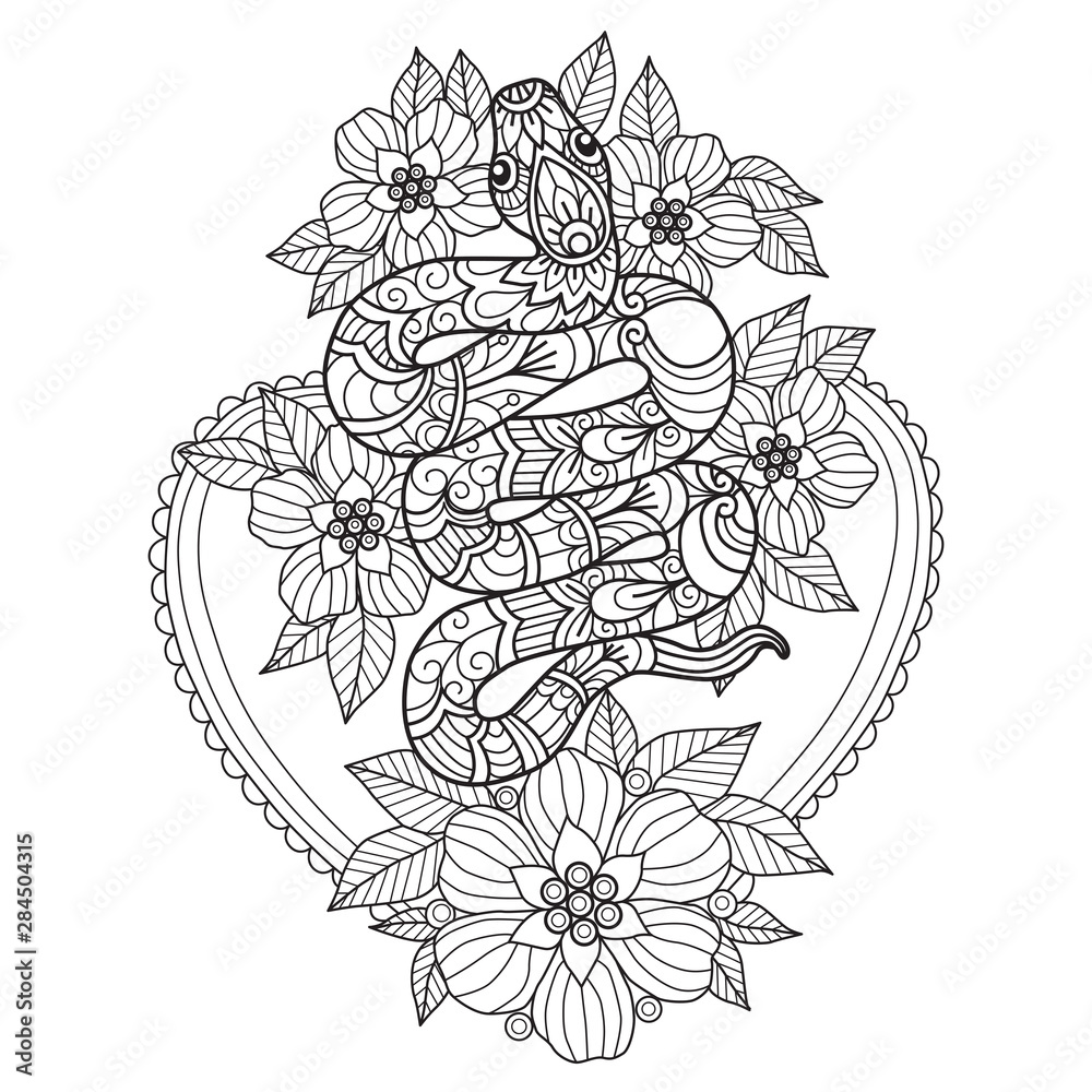 Hand drawn sketch illustration of snake and flower for adult coloring ...