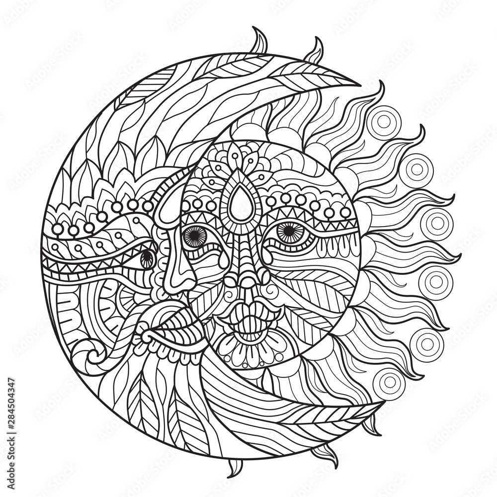 Hand drawn sketch illustration of moon and sun for adult coloring book. Hand drawn sketch illustration of moon and sun for adult coloring book.