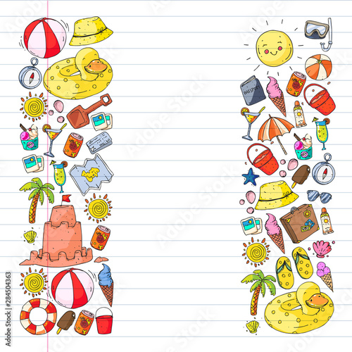 Vector pattern with travel and beach icons.