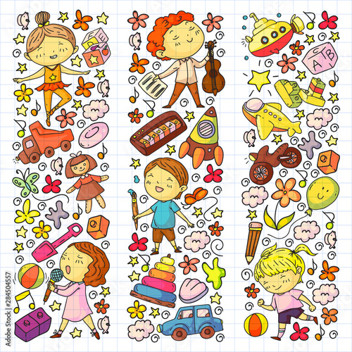 Painted by hand style pattern on the theme of childhood. Vector illustration for children design. Drawing by pen on squared notebook.