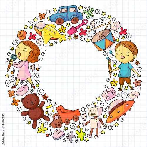 Painted by hand style pattern on the theme of childhood. Vector illustration for children design. Drawing by pen on squared notebook.