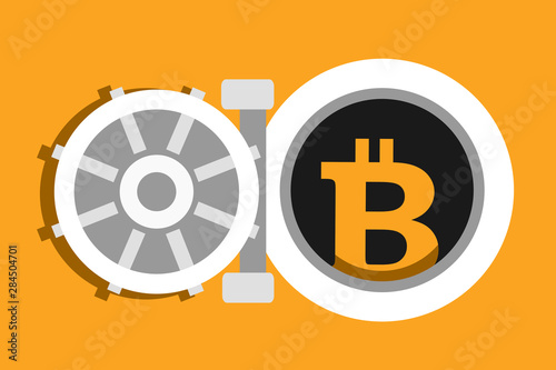 Strongbox with bitcoin as metaphor of wallet with virtual cryptocurrency. Storage of digital value. Vetor illustration