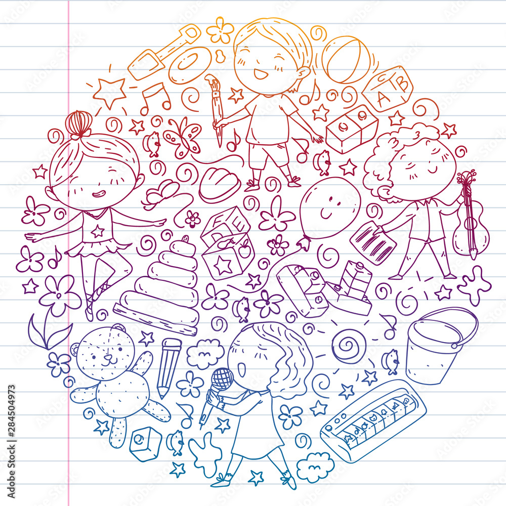 Painted by hand style pattern on the theme of childhood. Vector illustration for children design. Drawing on exercise notebook in gradient style.