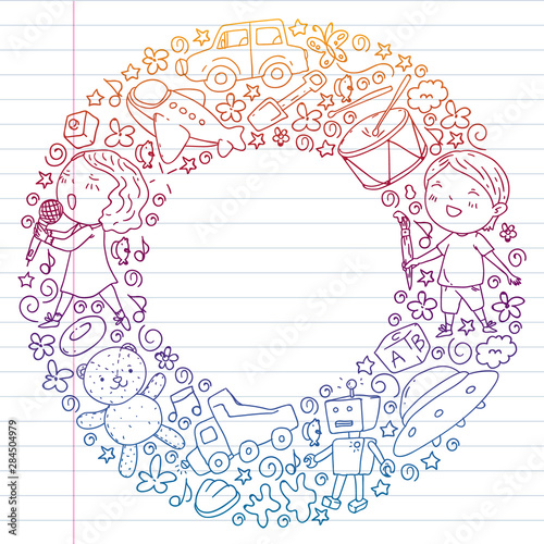 Painted by hand style pattern on the theme of childhood. Vector illustration for children design. Drawing on exercise notebook in gradient style.