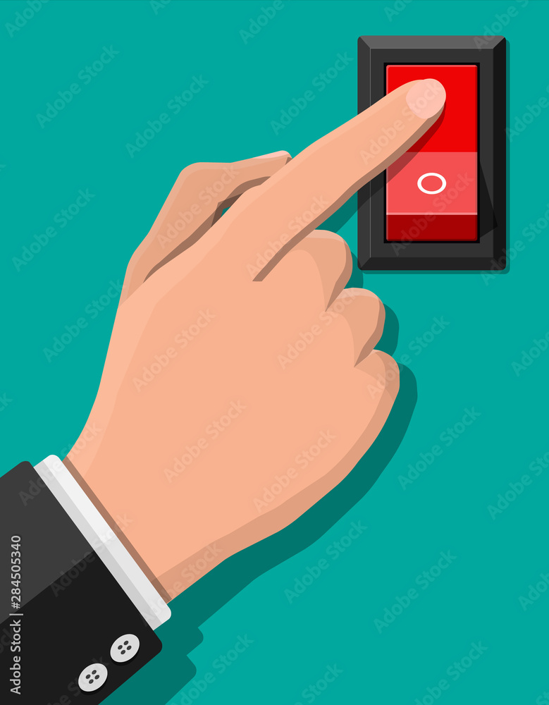 Hand push button switch. Electric control. Classic red electric switch