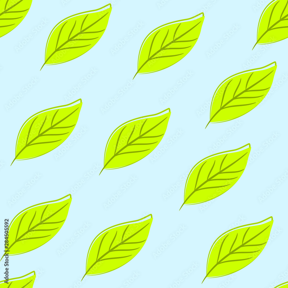 Obraz premium Green leaves seamless pattern on blue background, vector drawing 