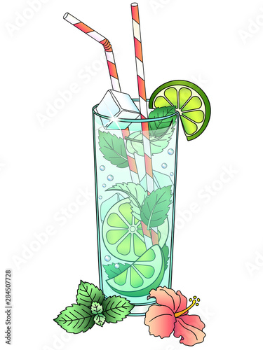 Carbonated drink in a tall glass glass - mojito with lime and mint leaves. A glass with a summer drink and drinking straws decorated with mint leaves, a slice of lime and a hibiscus flower.