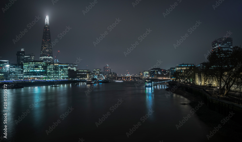 Skyline of South Bank in London at night.