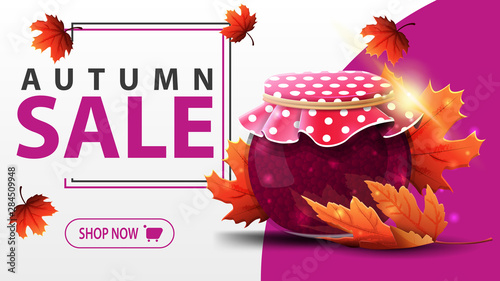Autumn sale, white banner with jar of jam and maple leaves