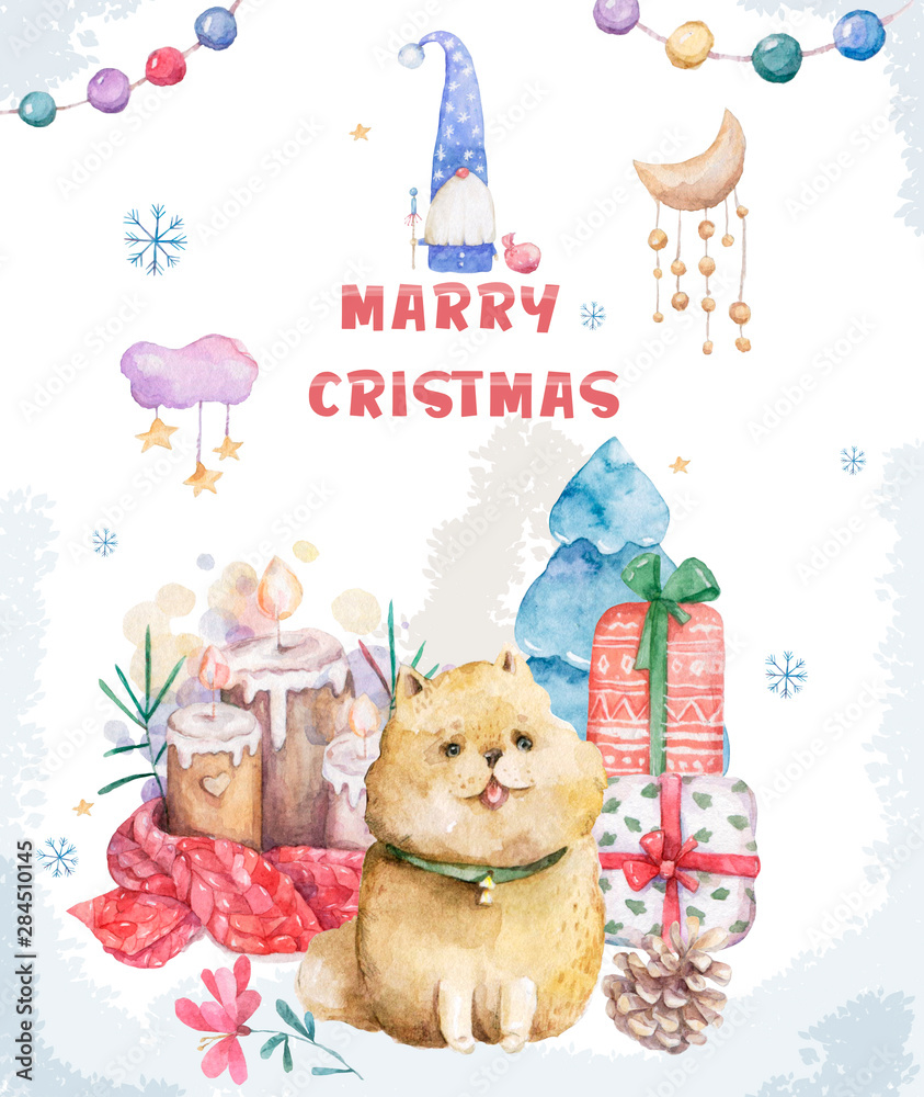 Obraz Christmas gift card with lettering. Hand drawn design elements. Watercolor set for greeting postcard on white background. Cute dog and holiday candlelight, prize box.
