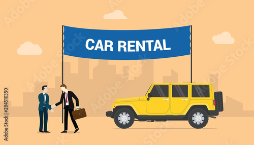 car rentals concept with two men deals share rentals cars with city background with modern flat style - vector