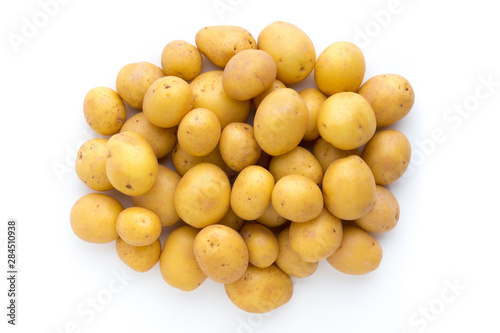 Young potato isolated on white background. Harvest new. Flat lay, top view