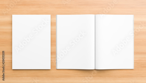 Realistic magazine, brochure, book or catalogue mock up on wooden background. 3D illustration.