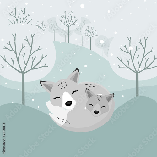 Hand drawn Arctic Fox and baby in the winter.