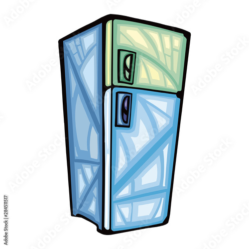 A blue color double door refrigerator with design on top, vector, color drawing or illustration.