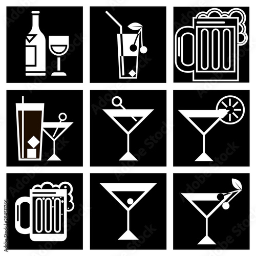 Drinks icon -set. Food and items for eating, black and white drawing.