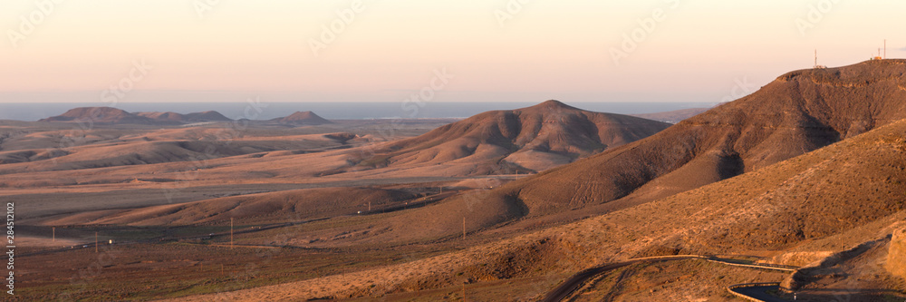 Panorama. Sunset in the mountains of Fuerteventura. Canary Islands. Spain
