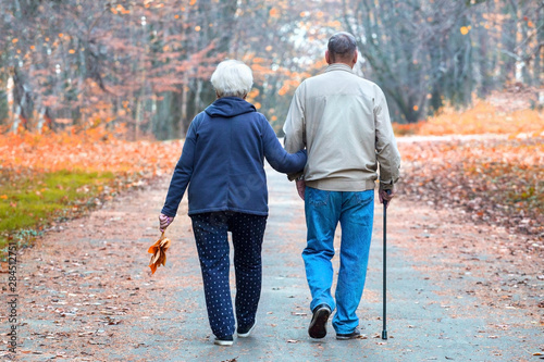 Senior couple walking in an autumn park.