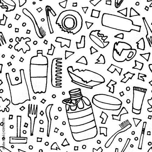 Plastic garbage seamless pattern black outline isolated on white background. The problems with chemical wastes disposal. The concept of ecology and the World Cleanup Day. Garbage sorting. Glass waste