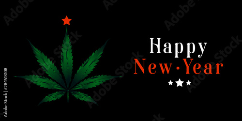 Happy New Year lettering square banner and green leaf Cannabis with red star on a black background. New Year concept. Template greeting card, brochure, poster or banner. Vector illustration