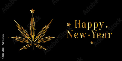 Festive banner lettering Happy New Year and a golden Cannabis with a star on a black background. Template greeting card, brochure, poster or banner. Vector illustration