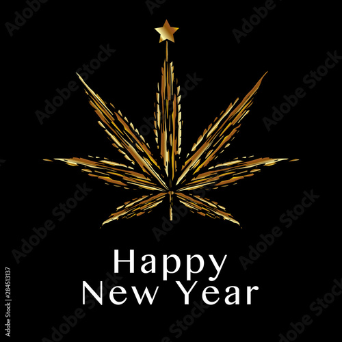 Happy New Year lettering square banner and golden Cannabis with star on a black background. Template greeting card, brochure, poster or banner. Vector illustration