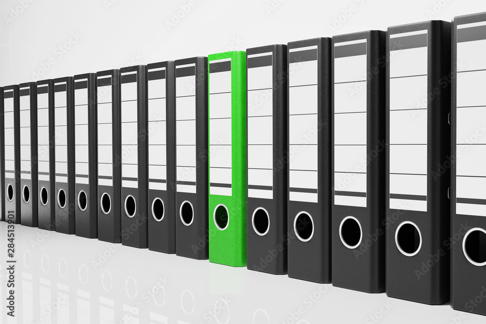 large row of black office folders with one green binder, conceptual archive 3D Illustration large row of black office folders with one green binder, conceptual archive 3D Illustration