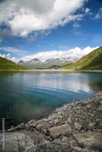 Summer scenery in Jotunheimen national park in Norway  mountains and lake