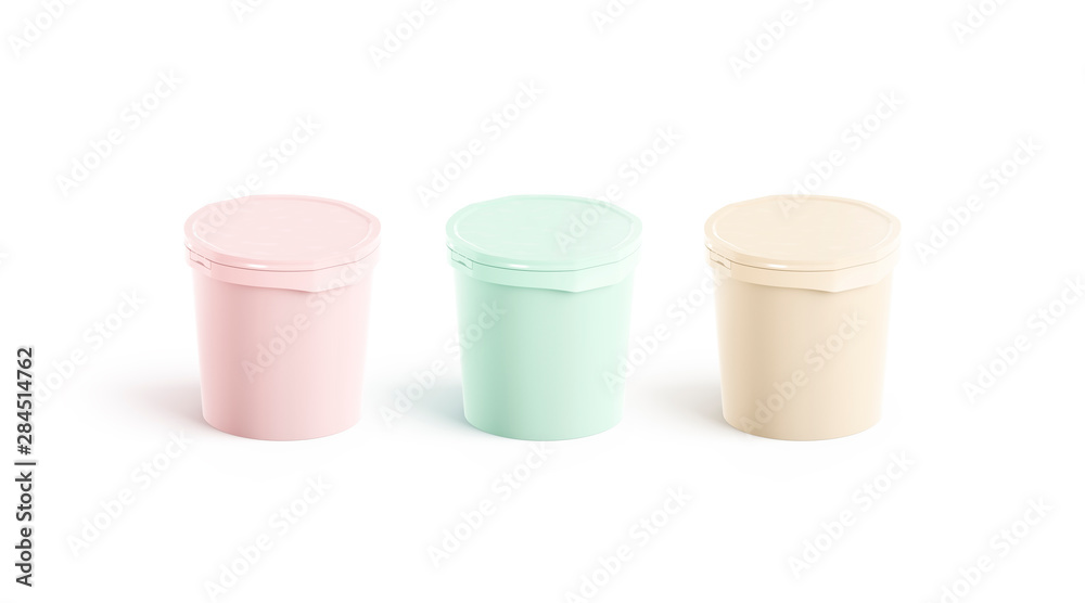 Blank colored ice cream buckets mockup set, side view, 3d rendering. Empty plastic pails mock up, isolated. Clear fruit ice-pop box. Strawberry and pistachio tasty sundae template. Blank colored ice cream buckets mockup set, side view, 3d rendering. Empty plastic pails mock up, isolated. Clear fruit ice-pop box. Strawberry and pistachio tasty sundae template.