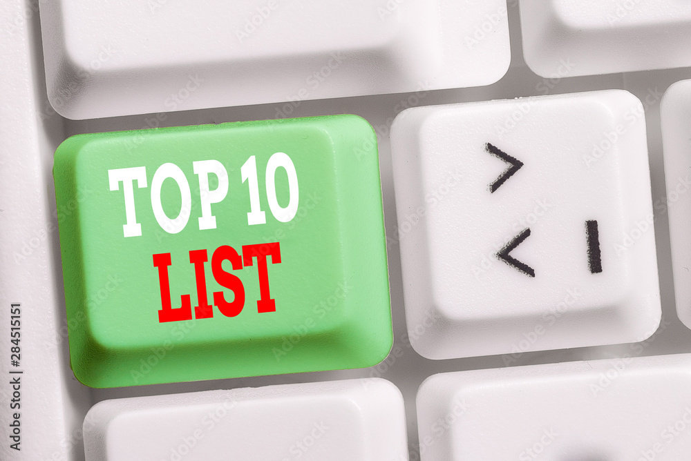 Word writing text Top 10 List. Business photo showcasing the ten most important or successful items in a particular list White pc keyboard with empty note paper above white background key copy space Word writing text Top 10 List. Business photo showcasing the ten most important or successful items in a particular list White pc keyboard with empty note paper above white background key copy space