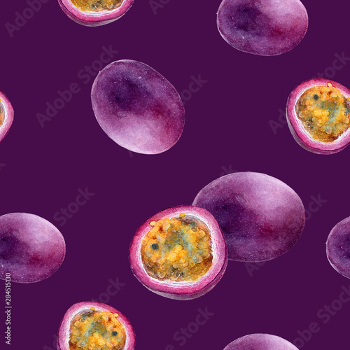 Watercolor hand drawn passion fruit isolated seamless pattern.