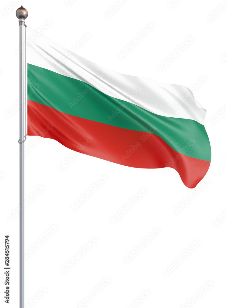 Obraz premium Bulgaria flag blowing in the wind. Background texture. Isolated on white. Sofia, Bulgaria. 3d rendering, wave. - Illustration