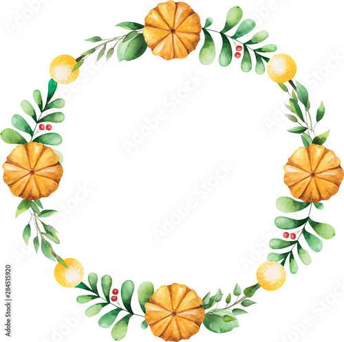 Watercolor botanical wreath. Autumn floral decorative elements in round frame. Hand drawn leaves  berries and pumpkins isolated on white background. Mock up for getting  invitation  Thanksgiving card.