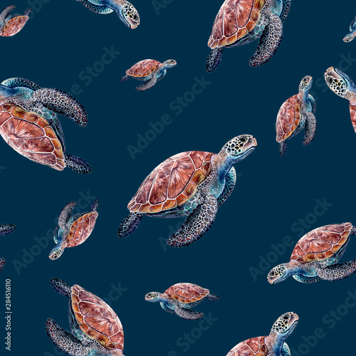 Watercolor hand drawn sea turtle isolated seamless pattern.