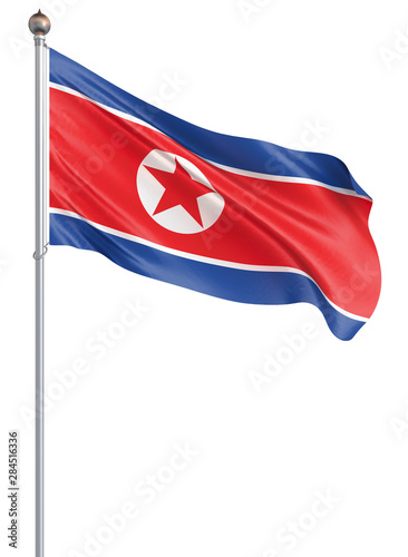 North Korea stylish waving and closeup flag 3d illustration. Perfect for background or texture purposes. Isolated on white.