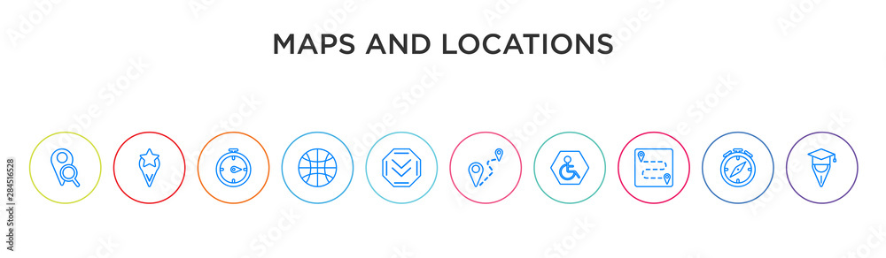 maps and locations concept 10 outline colorful icons maps and locations concept 10 outline colorful icons