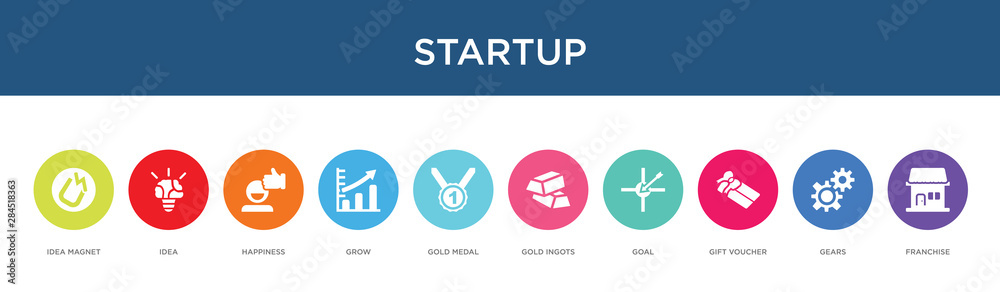 startup concept 10 colorful icons startup concept 10 colorful icons