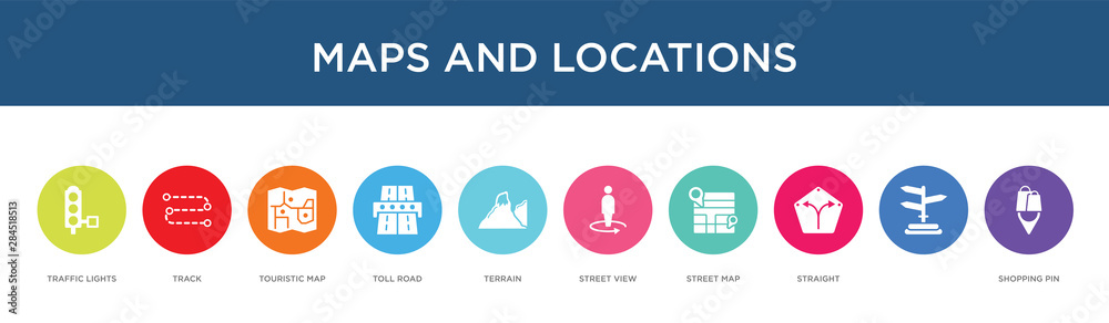 maps and locations concept 10 colorful icons