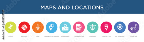 maps and locations concept 10 colorful icons