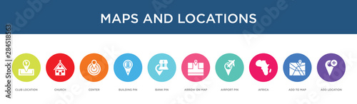 maps and locations concept 10 colorful icons