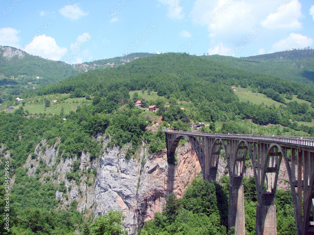 Panorama of the rugged old bridge over the Tara mountain river on a summer sunny day against the backdrop of canyon slopes covered with forest.