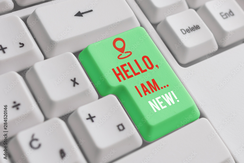 Text sign showing Hello I Am New. Business photo showcasing used greeting or begin telephone conversation White pc keyboard with empty note paper above white background key copy space Text sign showing Hello I Am New. Business photo showcasing used greeting or begin telephone conversation White pc keyboard with empty note paper above white background key copy space