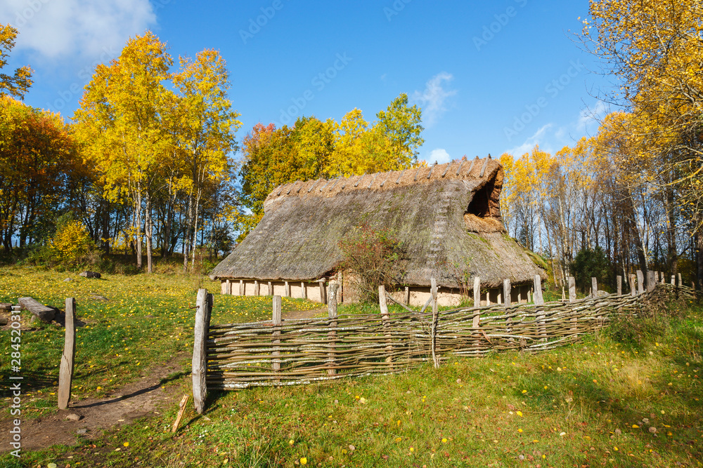 Bronze Age Longhouse on a meadow with a branch fence
