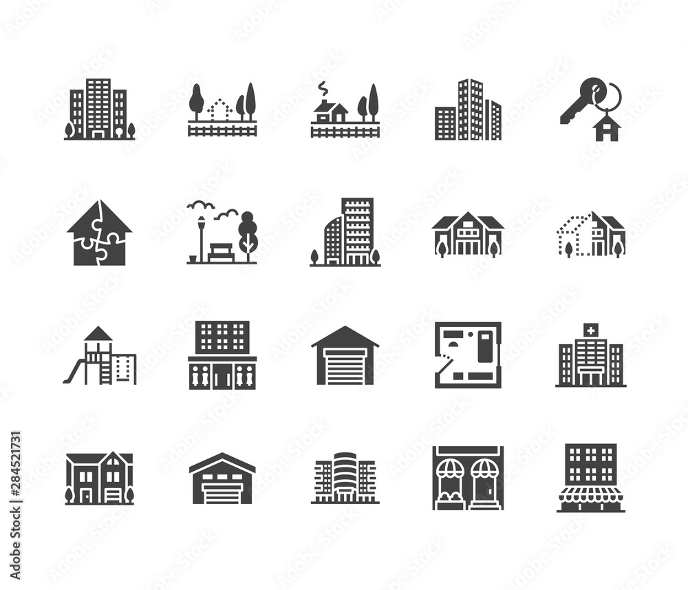 Real estate flat glyph icons set. House sale, commercial building, country home area, skyscraper, mall, kindergarten vector illustrations. Infrastructure signs. Solid silhouette pixel perfect 64x64
